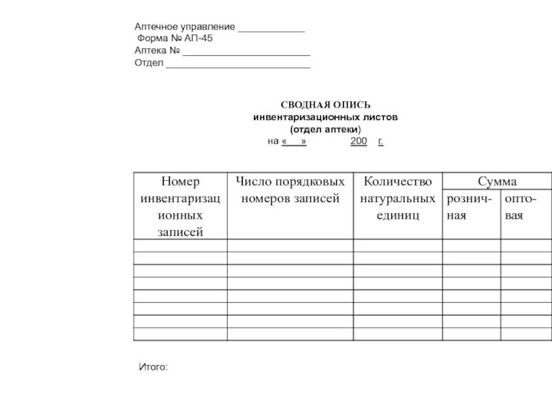 Опись лист инвентаризации в аптеке. Сводная опись инвентаризационных листов отдела аптеки. Сводная инвентаризационная ведомость в аптеке. Сводная опись инвентаризационных листов аптеки форма ап 45.