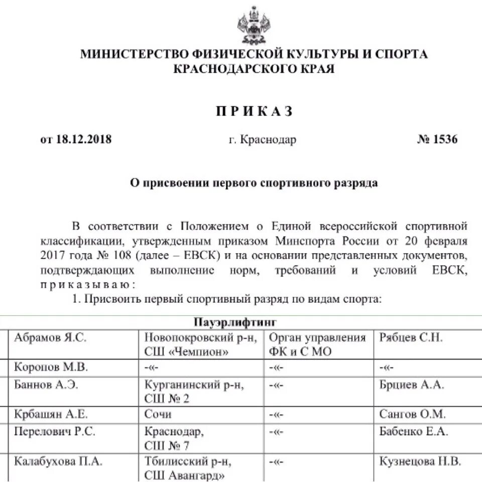 Министр обороны рф 2020 приказ. Приказ о присвоении разряда. Министерство физической культуры и спорта Краснодарского края. Министерство спорта Краснодарского края. Распоряжение Министерства спорта Белгородской области.