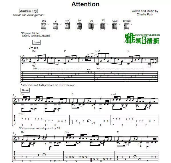 Перевод песни attention. Табы для гитары-attention Charlie Puth. Attention Ноты. Andrew Foy Tabs. Attention Charlie Puth Ноты.