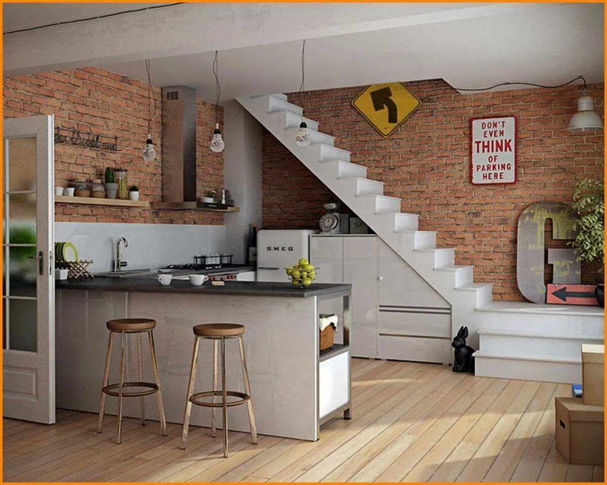 Кухня на первом этаже. Лестница на кухне в частном доме. Кухня под лестницей. Кухня под лестницей в стиле лофт. Угловая кухня под лестницей.