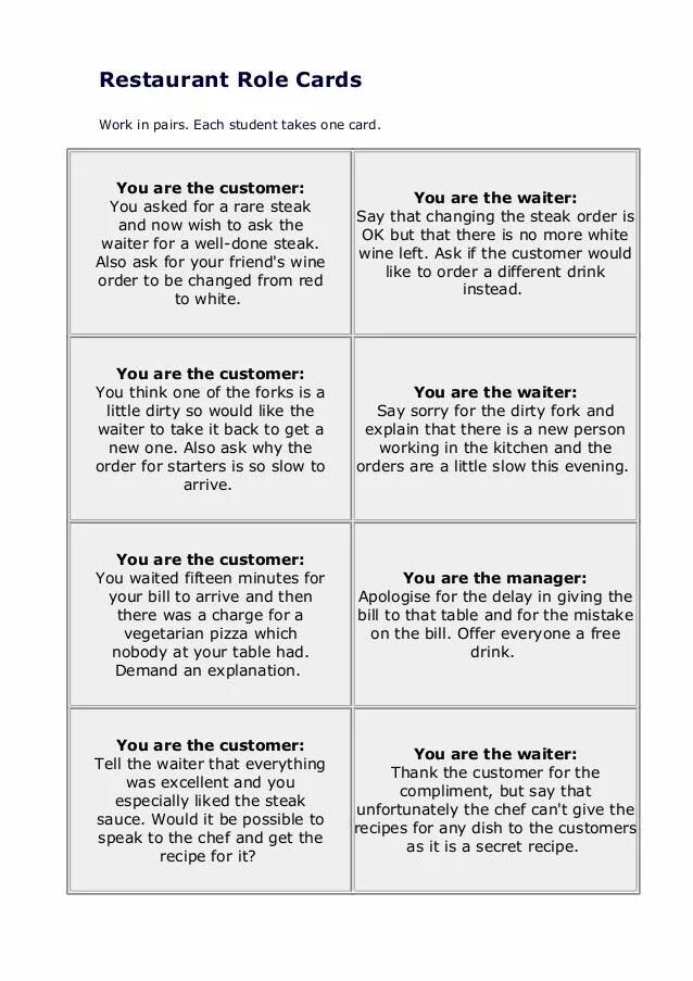 Role Cards. At the Restaurant speaking Cards. Speaking activities. Role Play Cards. Role play dialogue