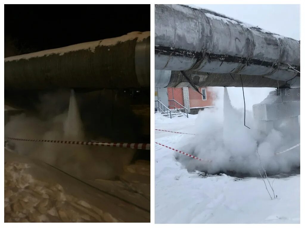 В Архангельске прорвало трубу. Прорыв трубы с горячей водой. Прорыв трубопровода воды. Трубопровод в морозе.