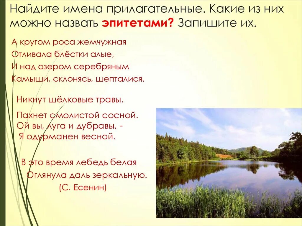 Эпитеты в стихотворении жигулина о родина. Деревня какая прилагательные. Леса какие прилагательные. Озеро какое прилагательные. Озера какие прилагательные.