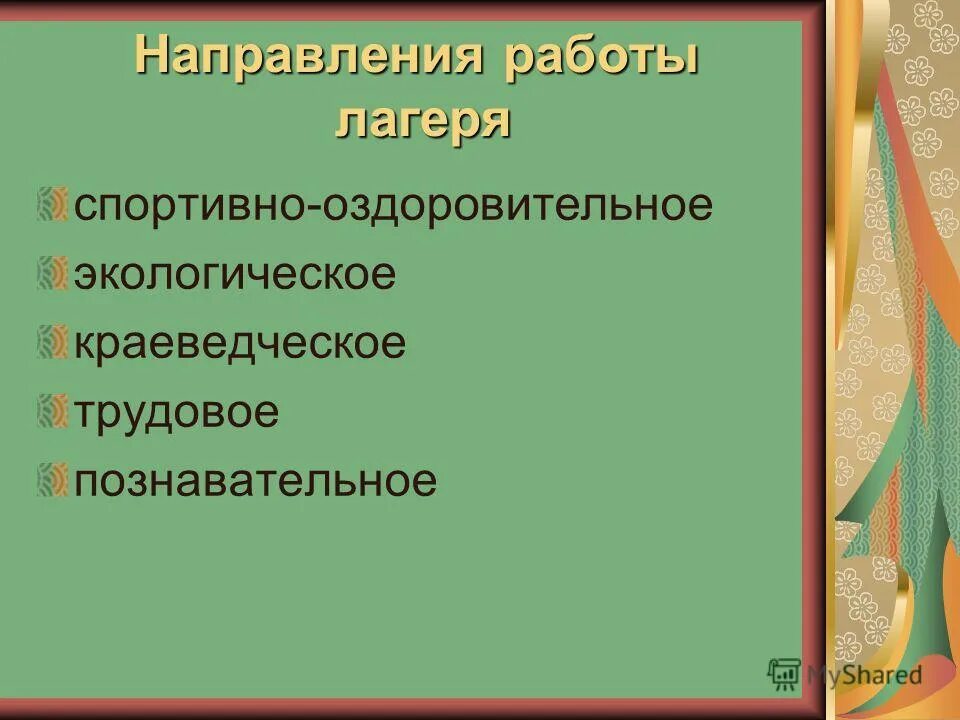 направления работы лагеря