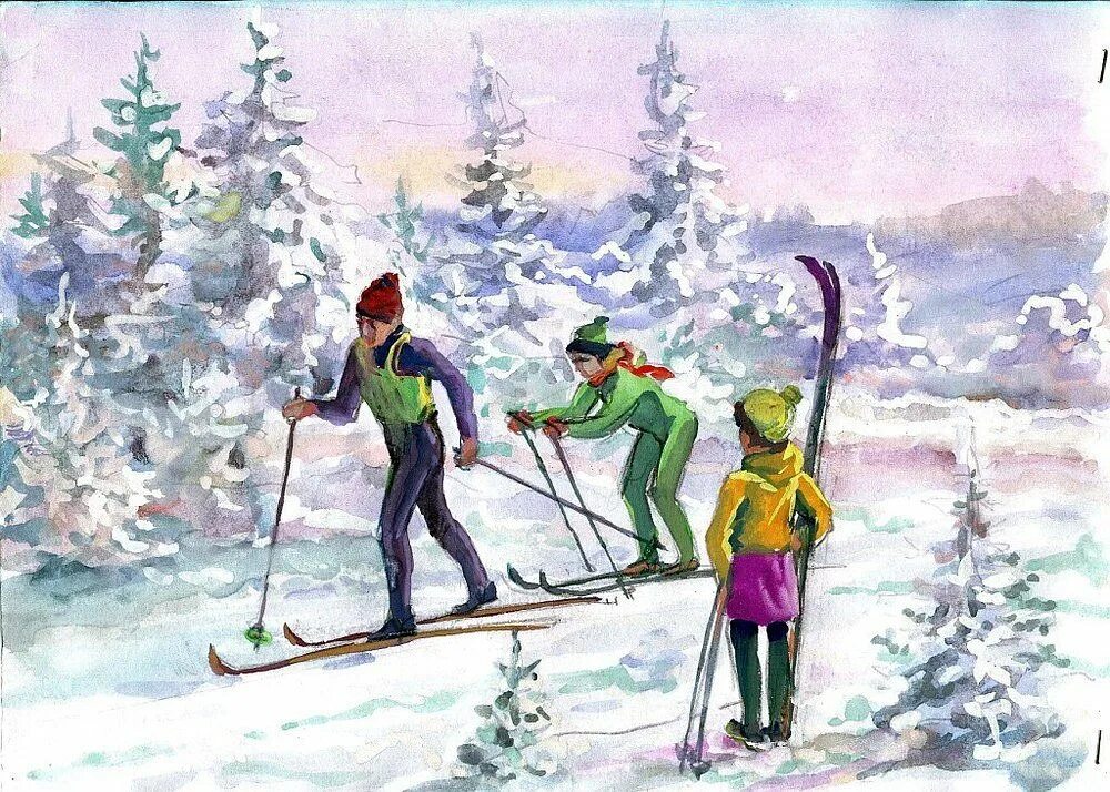 Лыжник 3 класс. Зимние забавы лыжи. Лыжники живопись. Катание на лыжах в живописи. Картина лыжники.
