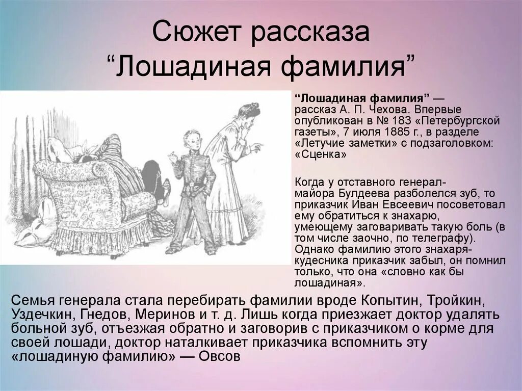 Краткий пересказ Чехова Лошадиная фамилия. Юмористический рассказ Чехова Лошадиная фамилия. Сюжет рассказа Лошадиная фамилия. Герой юмористического произведения