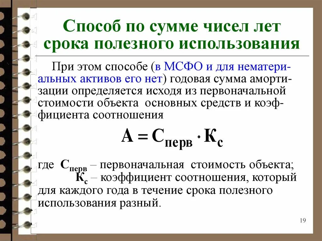 Формулы способов начисления амортизации. Расчет амортизации по сумме чисел лет полезного использования. Метод списания по сумме числе лет амортизации. Амортизация способом суммы чисел лет срока полезного использования. Способ списания стоимости по сумме чисел лет амортизации формула.