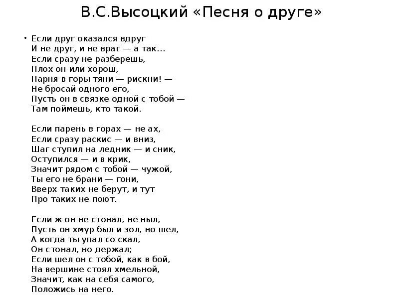 Песня о друге Высоцкий слова. Слова песни о друге Высоцкого. Высоцкий друг текст. Если друг оказался вдруг текст. Песня слово люблю слово друзья