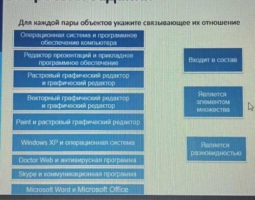 Для каждой пары объектов укажите. Для каждой пары объектов укажите связывающее отношение. Для каждой пары объектов укажите соответствующее их отношение. 105 Для каждой пары объектов укажите связывающее их отношение. Пары объектов в отношении объект модель