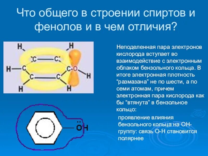 Фенол алкан. Строение спиртов и фенолов. Электронное строение спиртов и фенолов. Общая характеристика спиртов и фенолов.