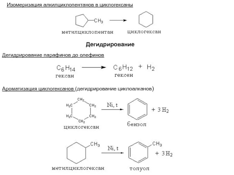 Риформинг метилциклопентана реакция. Реакция изомеризации циклоалканов. Изомеризация алкилциклопентанов. Риформинг метилциклогексана. Гексан циклогексан бензол