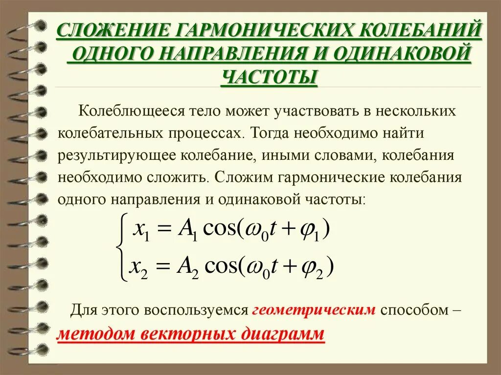 Одного направления колебания с одинаковыми. Сложение двух гармонических колебаний. Сложение гармонических колебаний 1 направления. Сдоде6ие гармонических колебаний. Сложение гармонических колебаний одинаковой частоты и направления.