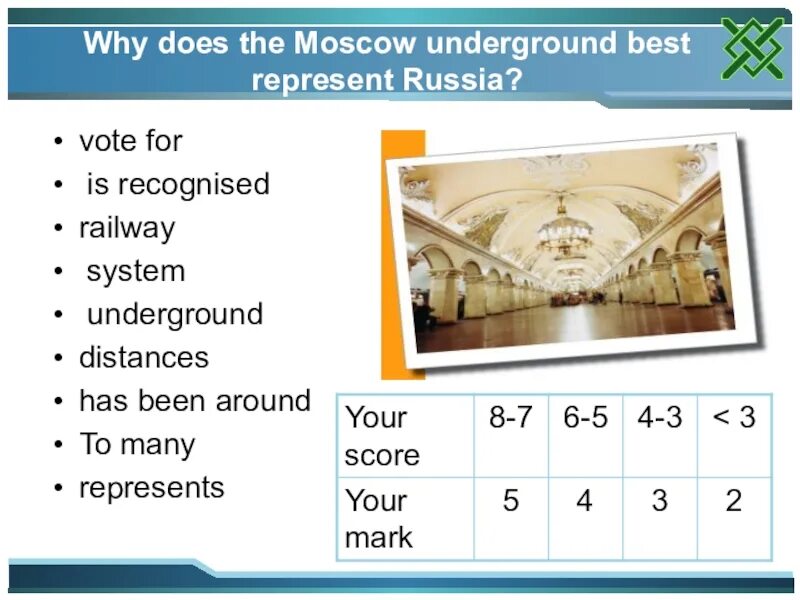 Do you think that the Moscow Underground best represent Russia. The Moscow Underground statistics. Imagine you have to vote for icons of Russia. Best represent russia