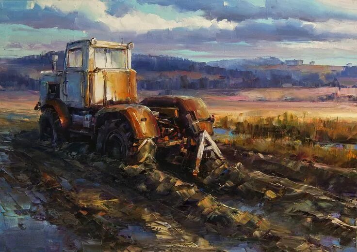 Tractor 2. Трактор живопись. Пейзаж с трактором. Масло для трактора. Картина трактора шасик.