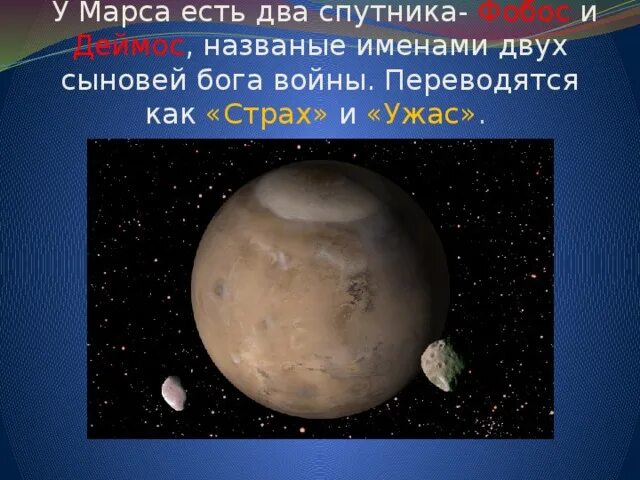 Как переводится планета. Спутники Марса Фобос и Деймос. Спутники Марса презентация. Названия спутников переводятся как страх и ужас. Презентация Планета Марс 2 класс.