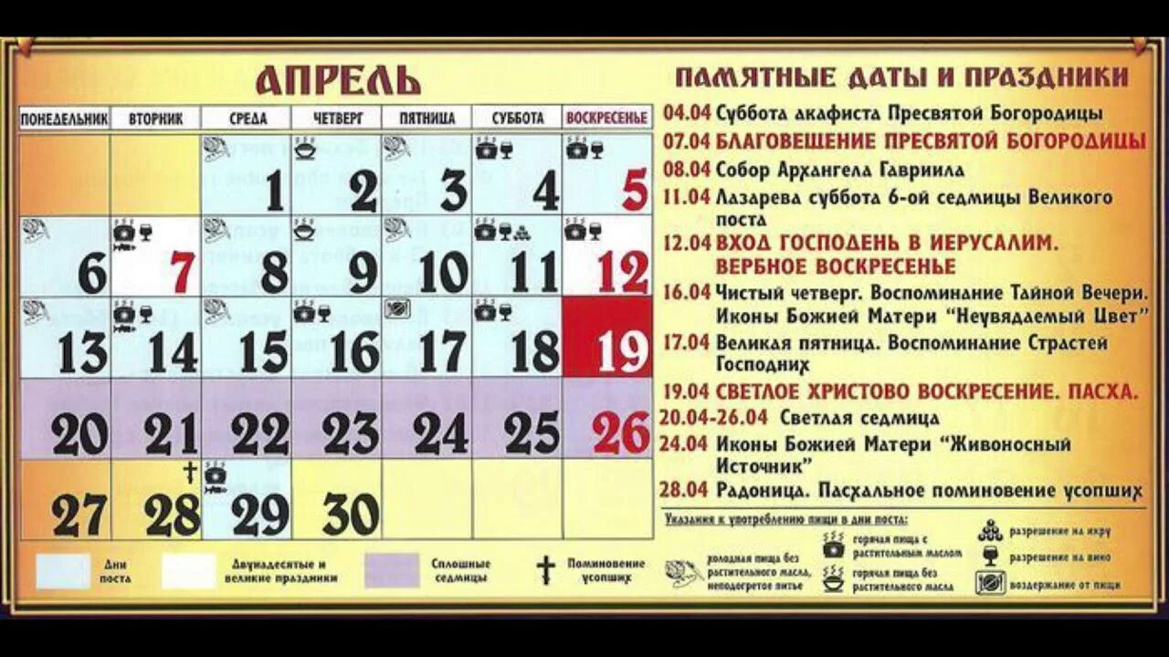 Календарь православных праздников апрель