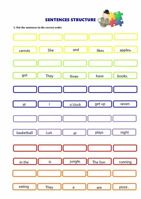 Sentence elements. Sentence structure Worksheets. Sentence structure in English for Kids. Normal sentence structure exercises. Sentence structure in English exercises.