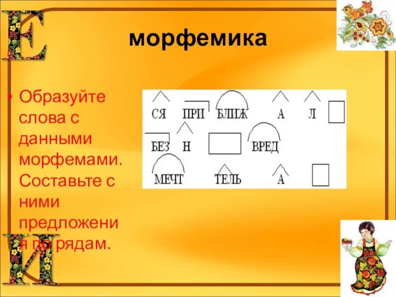 С помощью каких морфем образовалось слово. Морфемика. Придумать слова с морфемами. Морфемы. Составьте слова с данными морфемами.