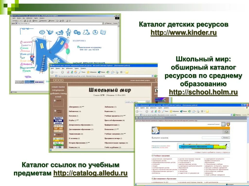 Ссылки на образовательные сайты. Каталог ресурсов. Каталоги интернет ресурсов. Каталог детских ресурсов «интернет для детей». Каталог ссылок.