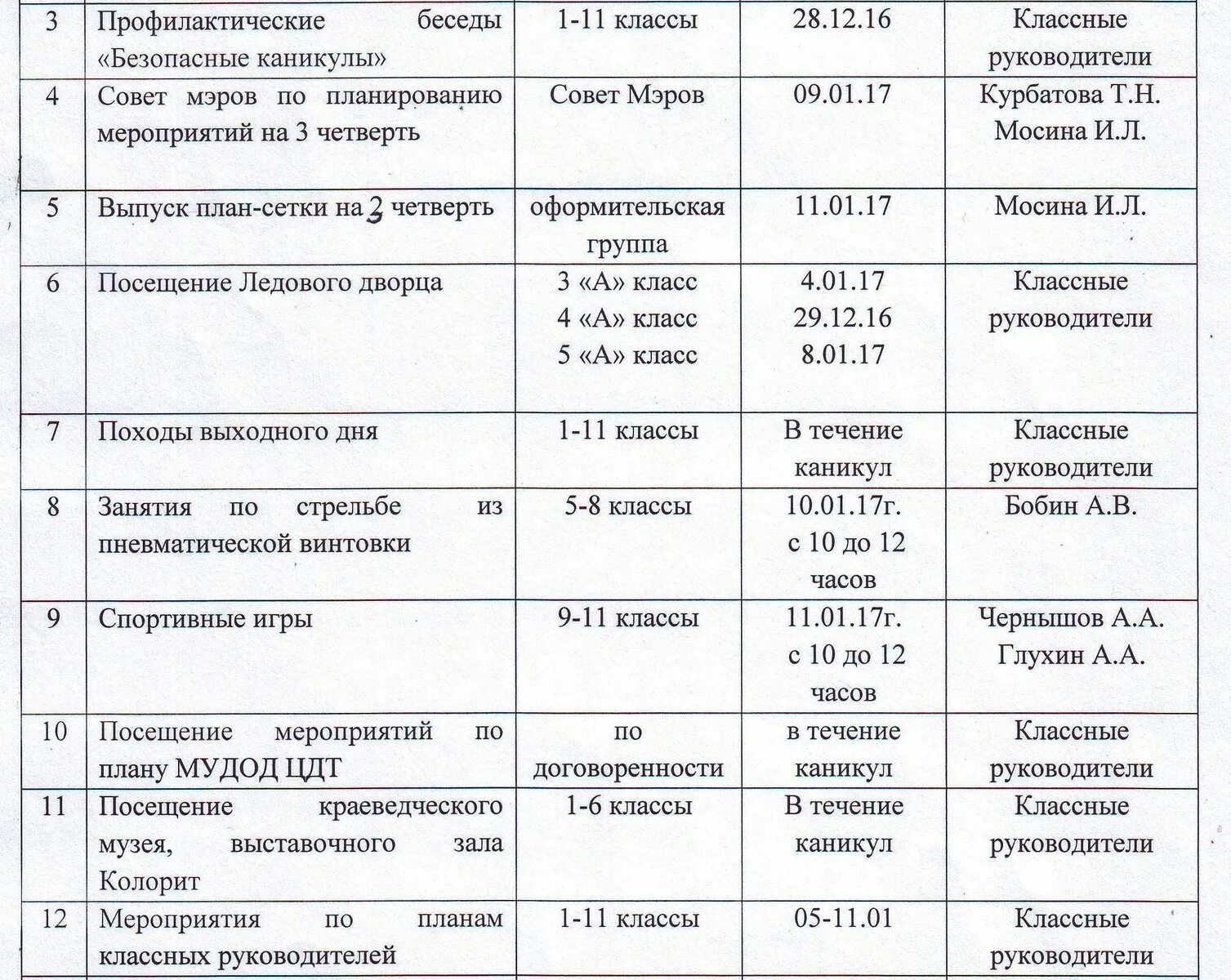 План работы на зимние каникулы