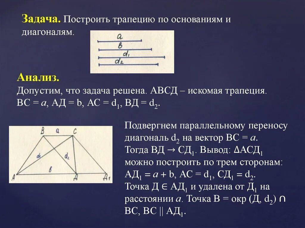 Искомая сторона. Задачи на построение трапеции. Построить трапецию по 4 сторонам. Дополнительные построения в трапеции. Векторные диагонали.