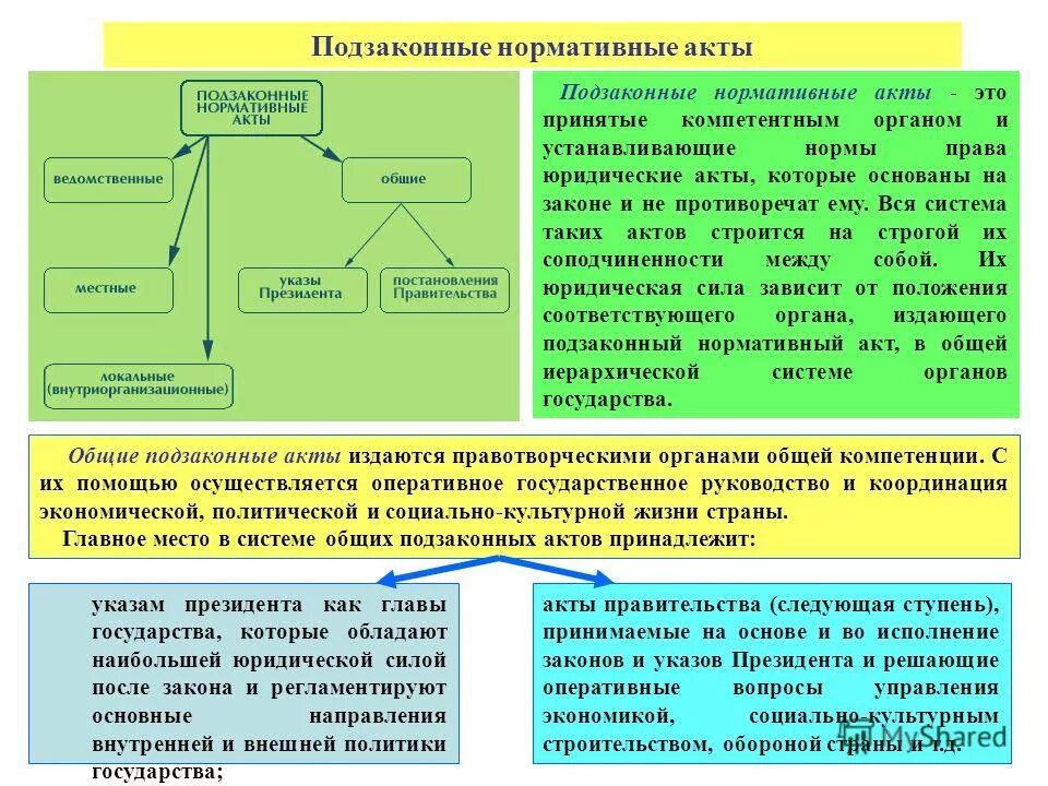Подзаконные нормативные акты и их виды.