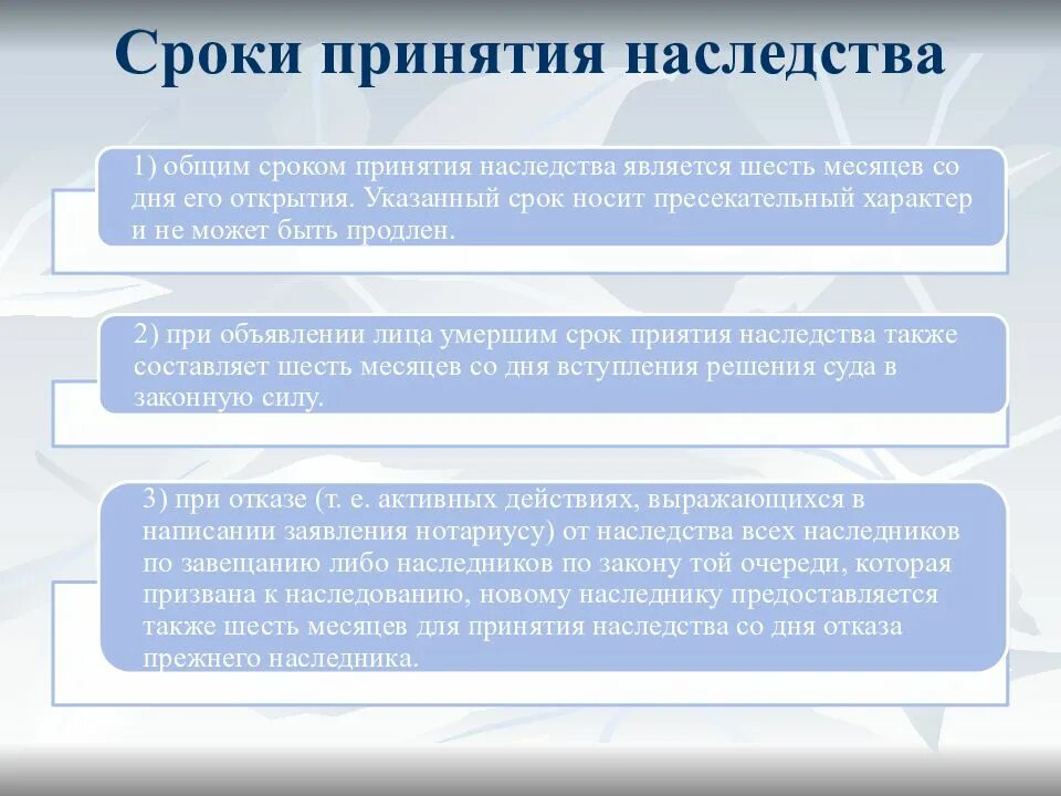 Срок принятия наследства. Сроки вступления в наследство. Восстановление срока принятия наследства. Уважительные причины вступления в наследство. Непринятия наследства наследником