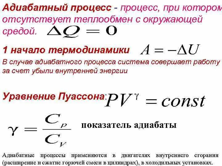 Адиабатическое изменение температуры. Адиабатный процесс и адиабатический. Изменение внутренней энергии в адиабатном процессе. Уравнение адиабатного процесса формула. Формула внутренней энергии при адиабатном процессе.