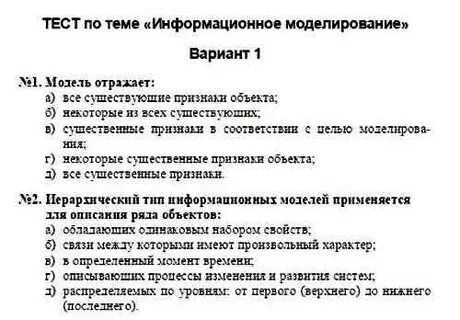 Моделирование тест 11 класс