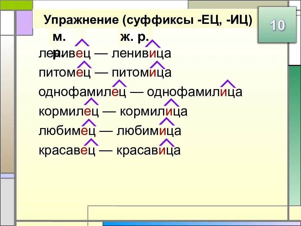 Почему 2 суффикса. Слова с суффиксом ец. Слова с суффиксом ИЦ. Суффиксы ец ИЦ упражнения. Слова с суффиксом ец ИЦ.