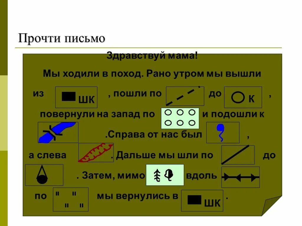 Письма 6 карта. Рассказ с помощью условных знаков. Письмо по географии с условными знаками. Топографические знаки карточки. Письмо с помощью условных знаков по географии.