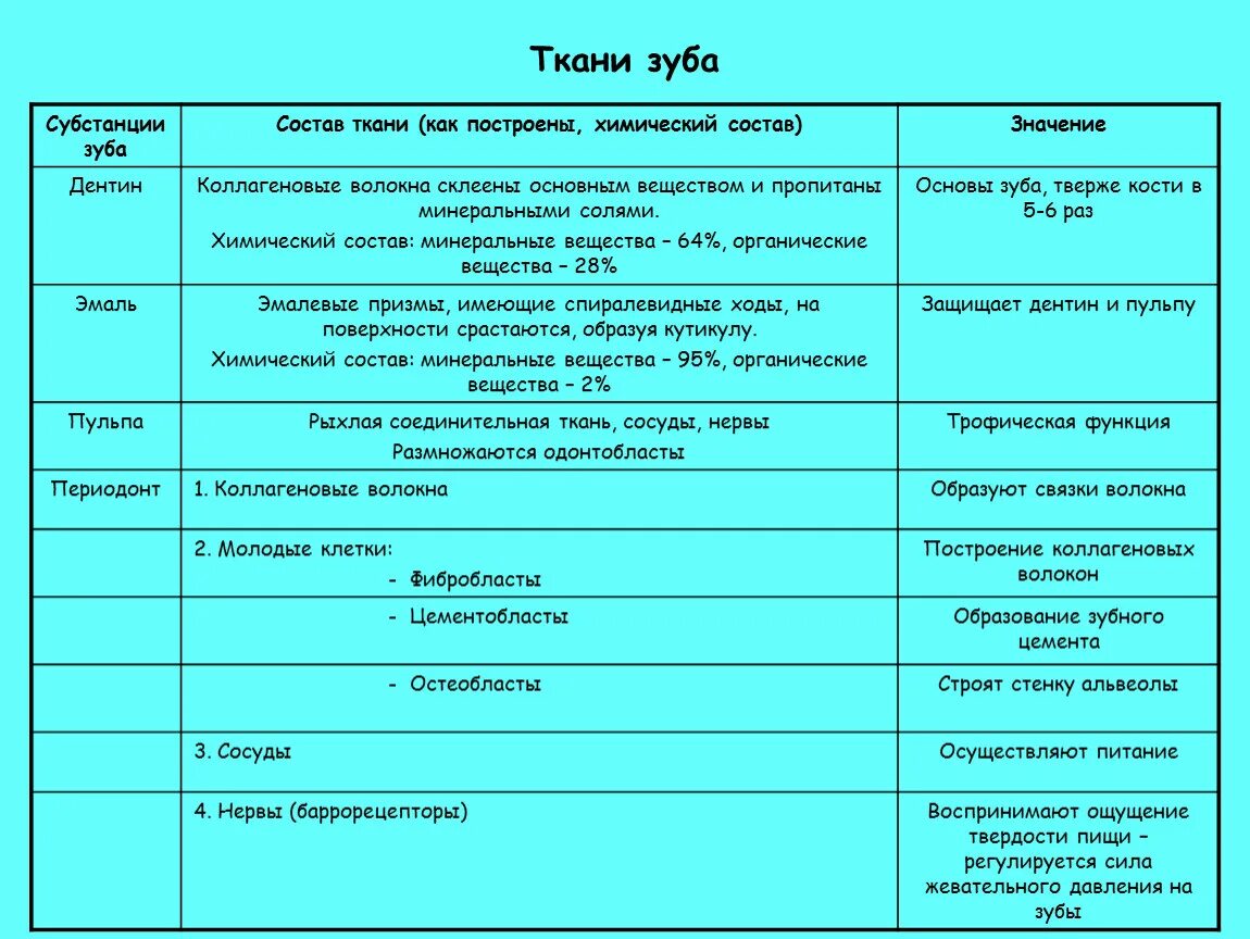 Строение и химический состав твердых тканей зуба. Химический состав тканей зуба таблица. Ткани зуба таблица. Зубы строение и функции таблица. Функции тканей зубов