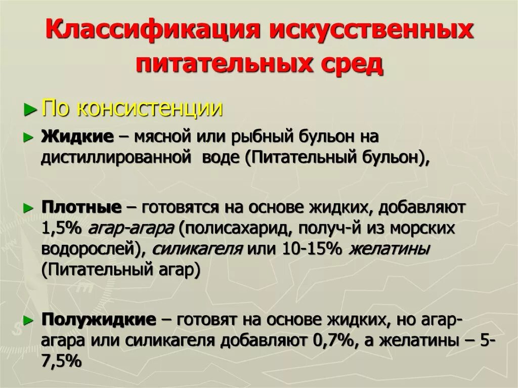 Требования к окружению. Классификация искусственных питательных сред микробиология. Классификация питательныъ ред. Искусственные питательные среды их классификация. Классификация питательных сред по консистенции.