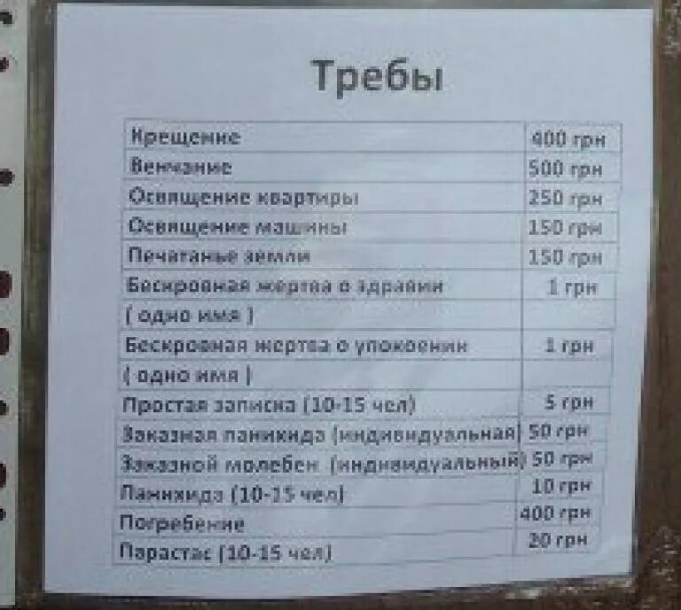 Заказать требы святым. Прейскурант на услуги церкви. Расценки на церковные требы. Прейскурант церковных услуг. Прейскурант на крещение.