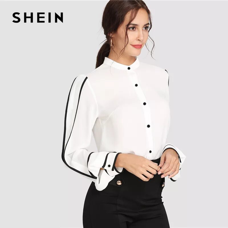 Черная кофта с белыми рукавами. Белая блузка Шеин. Рубашка женская. Блузка с воротником стойкой. Черная блузка с белым воротником.