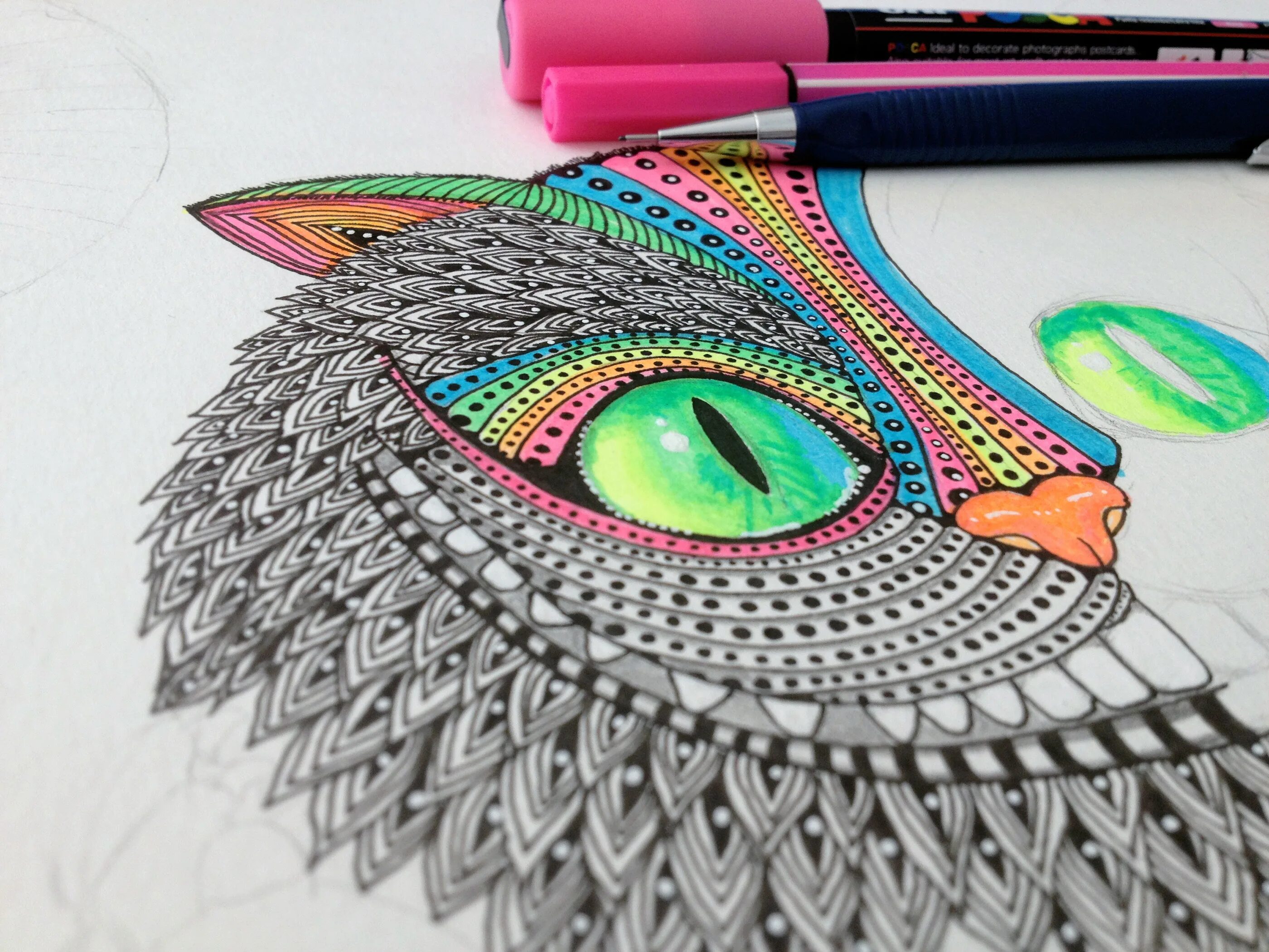 Зентангл Чеширский кот. Красивые рисунки фломастерами. Фломастеры для рисования. Рисунки цветными ручками. Цветные рисунки фломастером