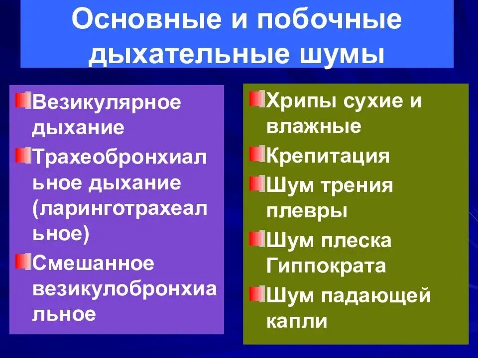 Характер основных дыхательных шумов
