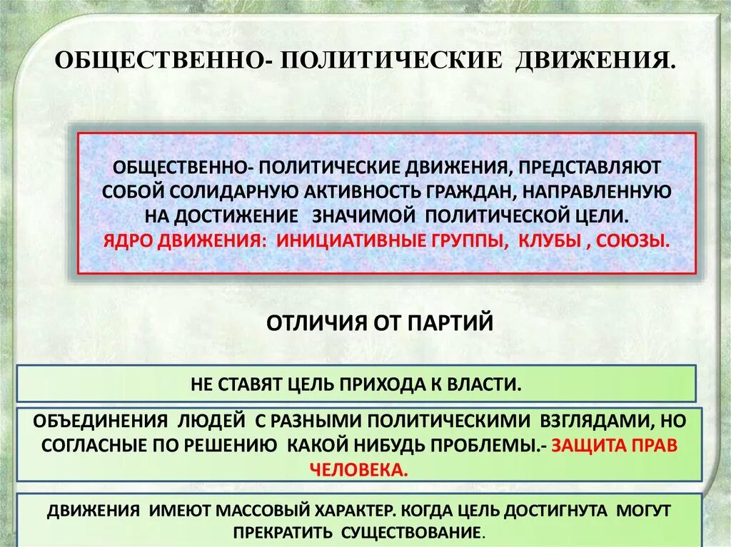 Сходства партий и общественных движений. Общественно-политические движения. Деятельность политических партий и движений. Общественно-политические организации и движения. Политические движения примеры.