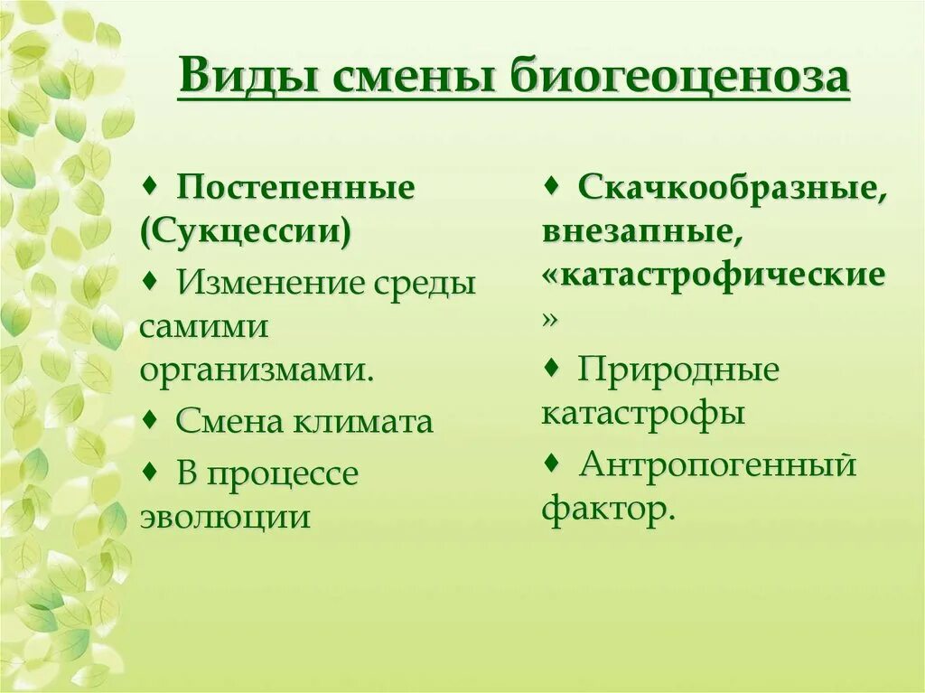 Причины смены сообществ внешние. Сукцессия. Зарождение и смена биогеоценозов. Смена биогеоценоза. Виды смены биогеоценоза.