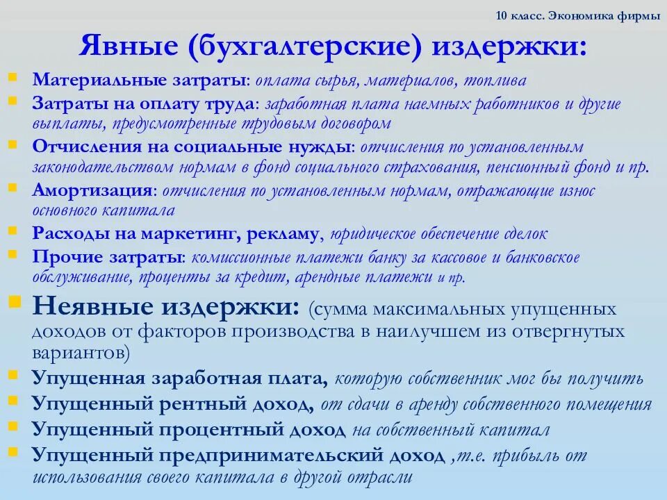 Бухгалтерские затраты и прибыль. Бухгалтерские издержки примеры. Экономика фирмы. Бухгалтерские и экономические издержки. Школа экономики 10 класс