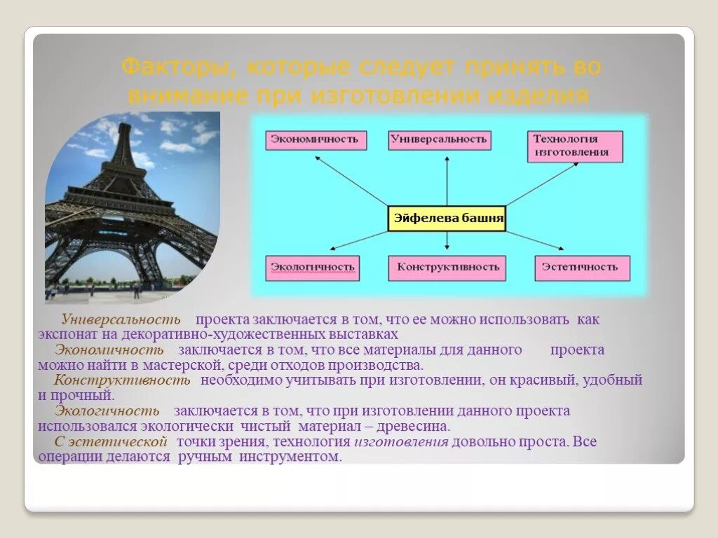 С эстетической точки зрения. Эйфелева башня проект 10 класс. Факторы которые следует принять во внимание при изготовлении изделия. Эльфивая башня проект по технологии. Факторы про Эйфелеву башню.