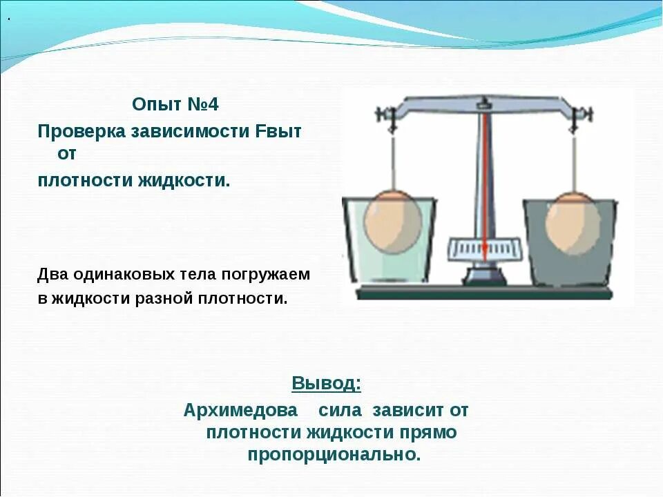 Чем больше плотность жидкости тем выталкивающая. Физика 7 класс Выталкивающая сила Архимедова сила. Опыты Архимеда Выталкивающая сила. Архимедова сила зависит от плотности. Эксперимент с плотностью жидкости.