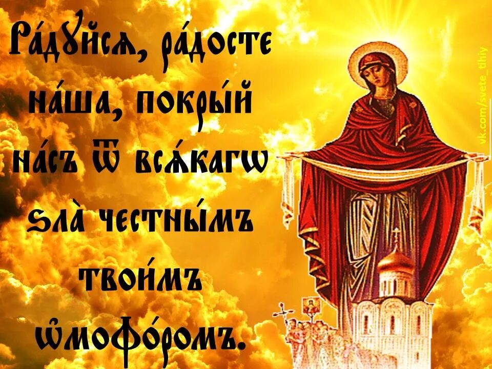 Радуйся покрый. Покров Пресвятой Богородицы радуйся Радосте наша. Покрый нас от всякого зла честным твоим омофором. Радуйся Радосте наша покрый. Покров Пресвятой Богородицы с праздником покрый от всякого зла.