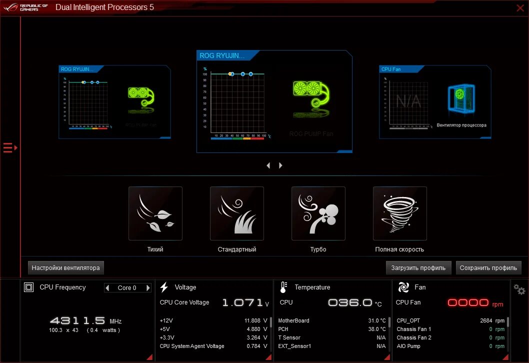 ROG Ryujin II 360 ARGB. Dual Intelligent Processors. ASUS ROG Ryujin 360 фото. Dual Intelligent Processors 5. Настройка оборотов кулера