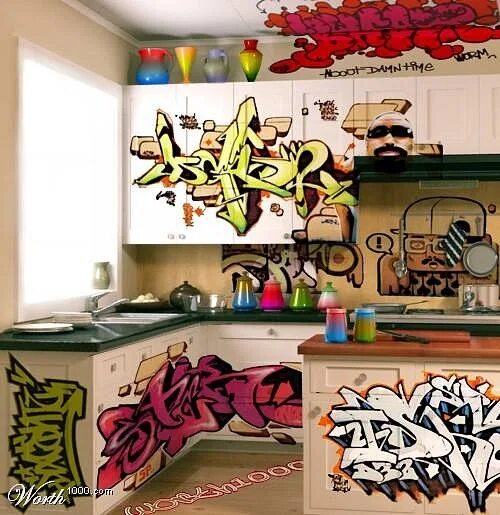 Цвет граффити кухни. Кухня в стиле граффити. Кухня граффити. Фартук расписанный кухонный. Кухня граффити.
