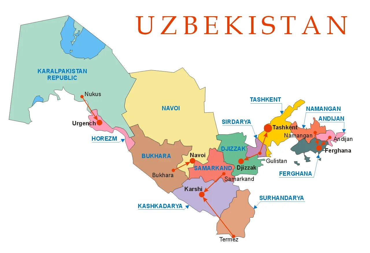 Политическая карта Узбекистана. Карта Узбекистана с городами. Карта Узбекистана с областями.
