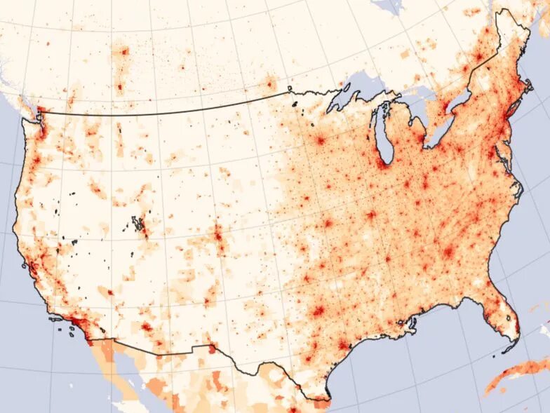 Наибольшая плотность населения северной америки где. Карта США по плотности населения. Карта плотности населения США. Плотность населения США. Плотность населения США на карте 2020.