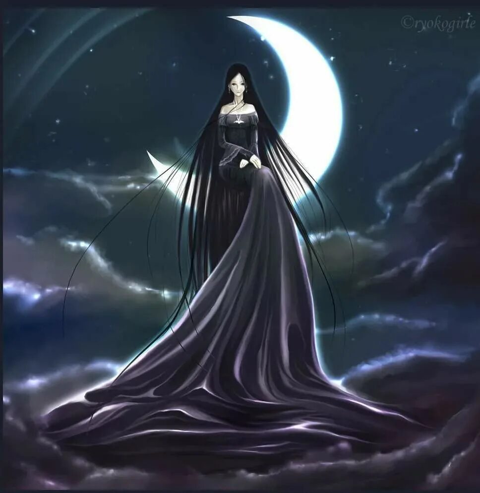 царица луна. образ ночи. феи и луна дименшенс. ночные образы женщины. богиня с черными волосами.
