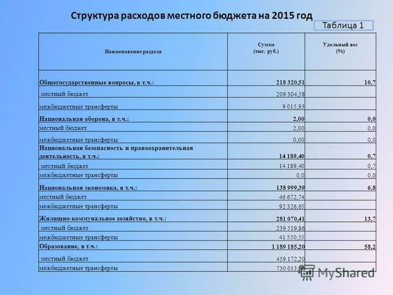 статьи расходов муниципального бюджета