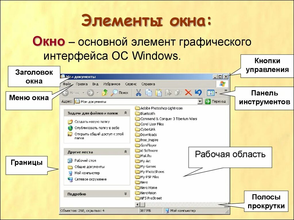 Элементы управления интерфейсом. Структура окна операционной системы Windows. Элементы интерфейса окна виндовс. Основные элементы окна Windows. . Опишите основные элементы ОС Windows.